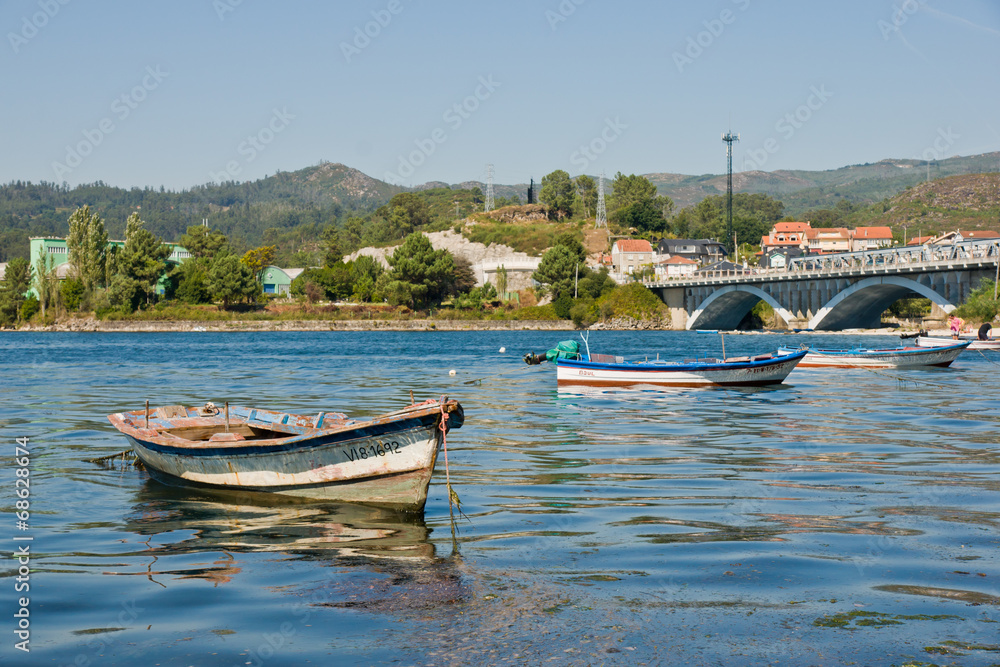 Sticker boats in Arcade, Galicia, Spain