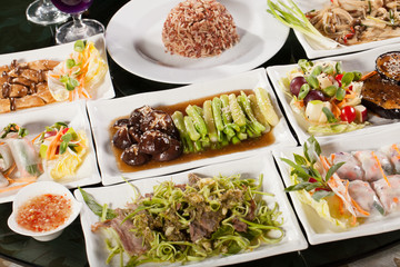 diet food set, round table full with vegetarian food with rice