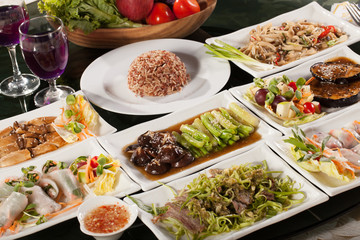diet food set, round table full with vegetarian food with rice