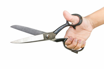 Hand holding big steel scissors