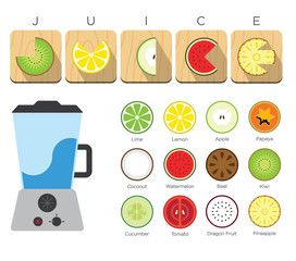 Set of Tropical Fruit Icon and Blender Juice, Flat Design