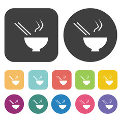 Noodles and chopsticks symbol icons set. Round and rectangle col