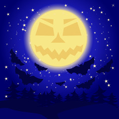 Moon as a pumpkin for Halloween. Blue background