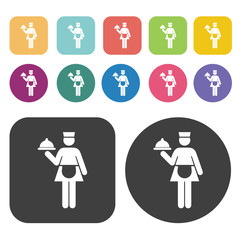 Waitress icon set. Round and rectangle colourful 12 buttons.