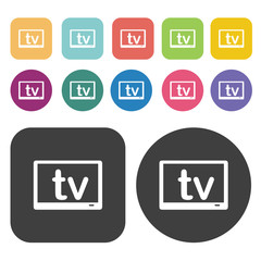 TV icons set. Round and rectangle colourful 12 buttons.