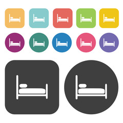 Bed icons set. Round and rectangle colourful 12 buttons.