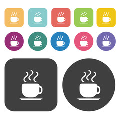 Coffee cup icon set. Round and rectangle colourful 12 buttons.