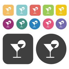 Cocktail icons set. Round and rectangle colourful 12 buttons.