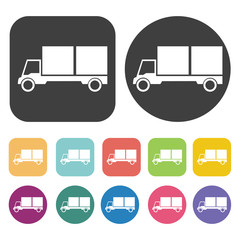 Truck icons set. Round and rectangle colourful 12 buttons.