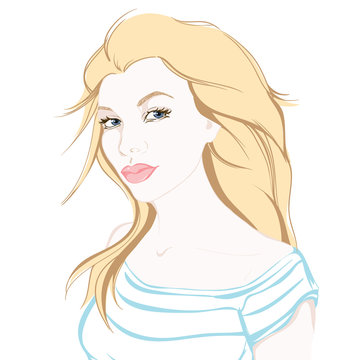 Cute blonde girl on white background hand drawn illustration