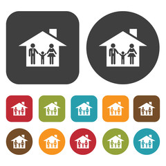 Family. Houses and Building icons set. Real estate. Round and re