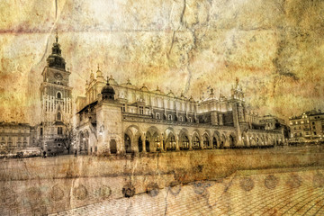 Rynek główny w Krakowie w stylu retro - obrazy, fototapety, plakaty