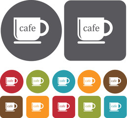 Cafe Map Location Icons set. Round and rectangle colourful 12 bu