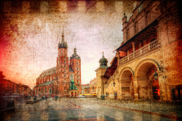 Rynek główny w Krakowie w stylu retro - obrazy, fototapety, plakaty