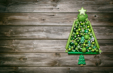 Weihnachtlicher Hintergrund aus Holz mit Weihnachtsbaum in Grün