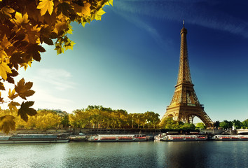 Fototapeta na wymiar Seine in Paris with Eiffel tower in autumn season