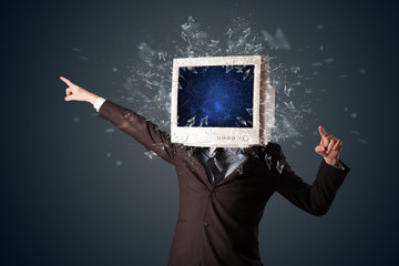 Computer monitor screen exploding on a young persons head