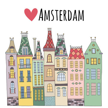 Cute hand drawn vector houses in Amsterdam