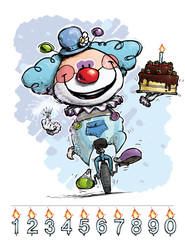 Clown on Unicyle Carrying a Boy's Birthday Cake