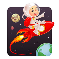 Astronaut kid riding red rocket to the space.