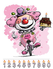 Clown on Unicyle Carrying a Gils's Birthday Cake