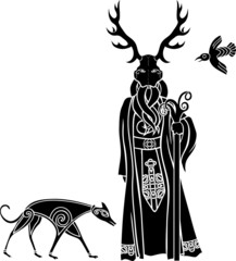 Druid with ritual mask, wolf and a bird, Celtic style