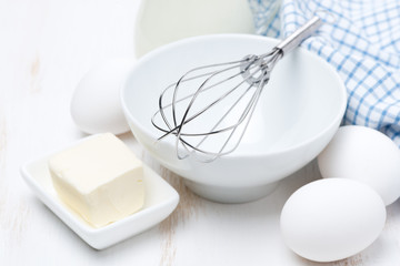 products and tools for baking pancakes, selective focus