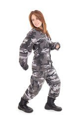 Pretty young girl wearing military uniform