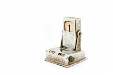 Vintage rusty flip calendar on white background