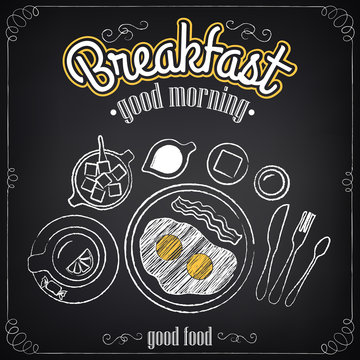 Vintage Poster. Breakfast. Fried eggs, tea. Set of sketches