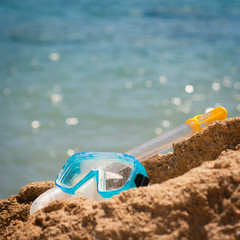 Closeup of a diving mask and snorkel