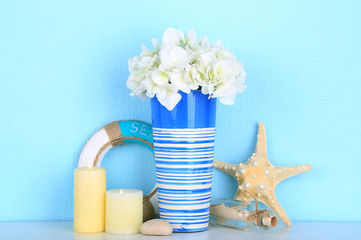 Composition of marine items on blue background