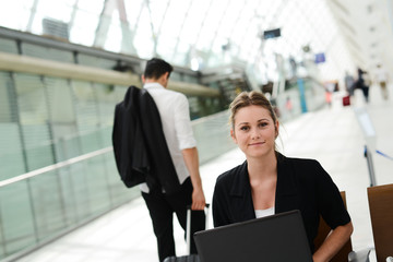 business woman public station working with computer wifi area
