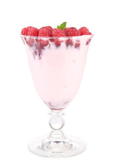 Tasty raspberry dessert with berries, isolated on white