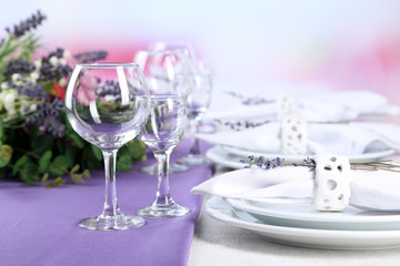 Dining table setting with lavender flowers
