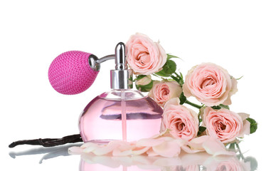 Perfume bottle with roses isolated on white