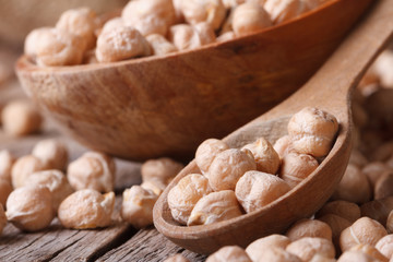 pile of dried chickpeas in a wooden spoon close-up