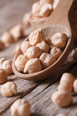 dry chickpeas in a wooden spoon close-up scattered on table