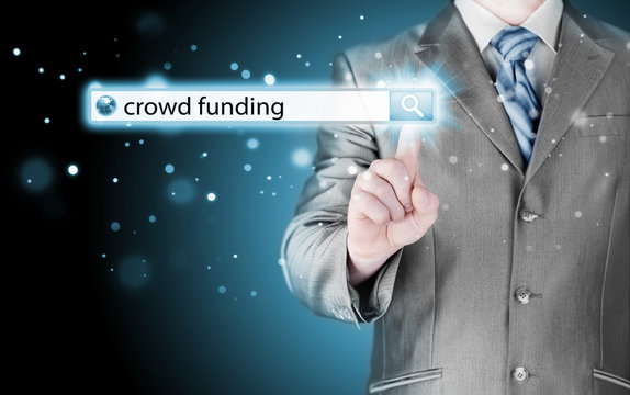 Businessman and crowd funding in search bar