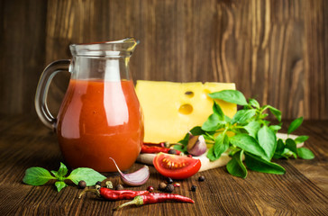 tomato juice , cheese , basil and spices