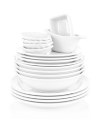 White crockery and kitchen utensils, isolated on white