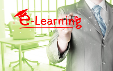 business man writing e-learning concept