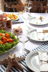 Restaurant table setting in sea theme