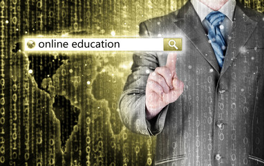 Online education written in search bar on virtual screen.