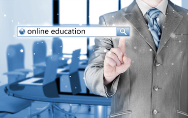 Online education written in search bar on virtual screen.