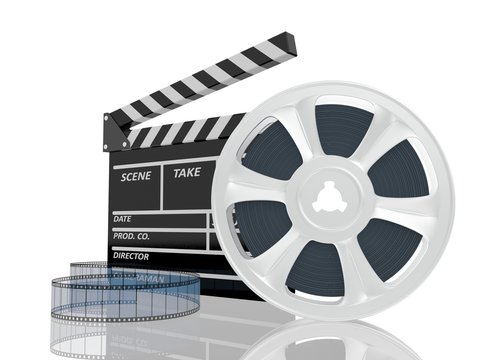 cinema clap and film reel, over white background