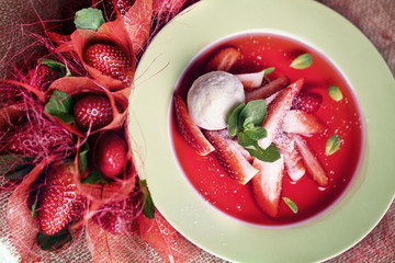 strawberry soup with ice cream and mint