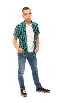 full-length portrait of a young guy , isolated on white