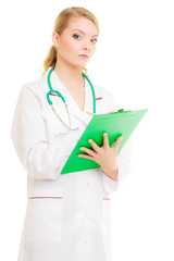 Woman doctor in lab coat with stethoscope. Medical