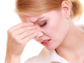 Headache. Woman suffering from head pain isolated.